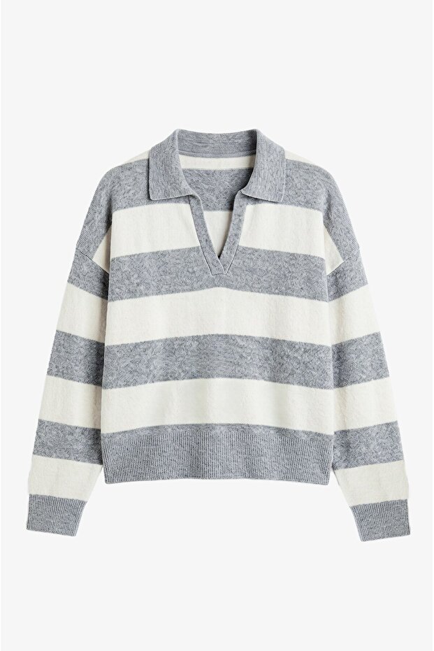 Gray Block Striped Polo Collar Sweater
