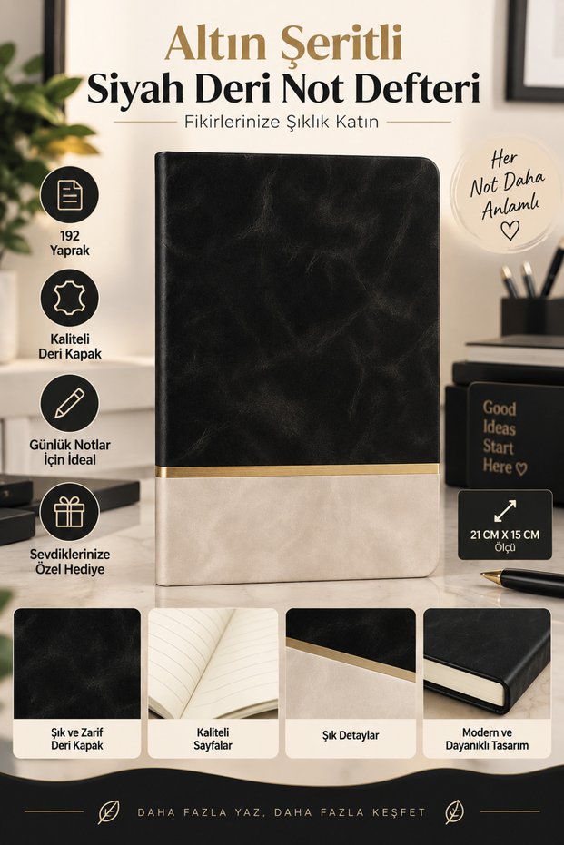 Leather Notebook with Gold Trim – 192 Sheets – 21 X 15 cm – Stylishly Designed Journal and Planner Notebook