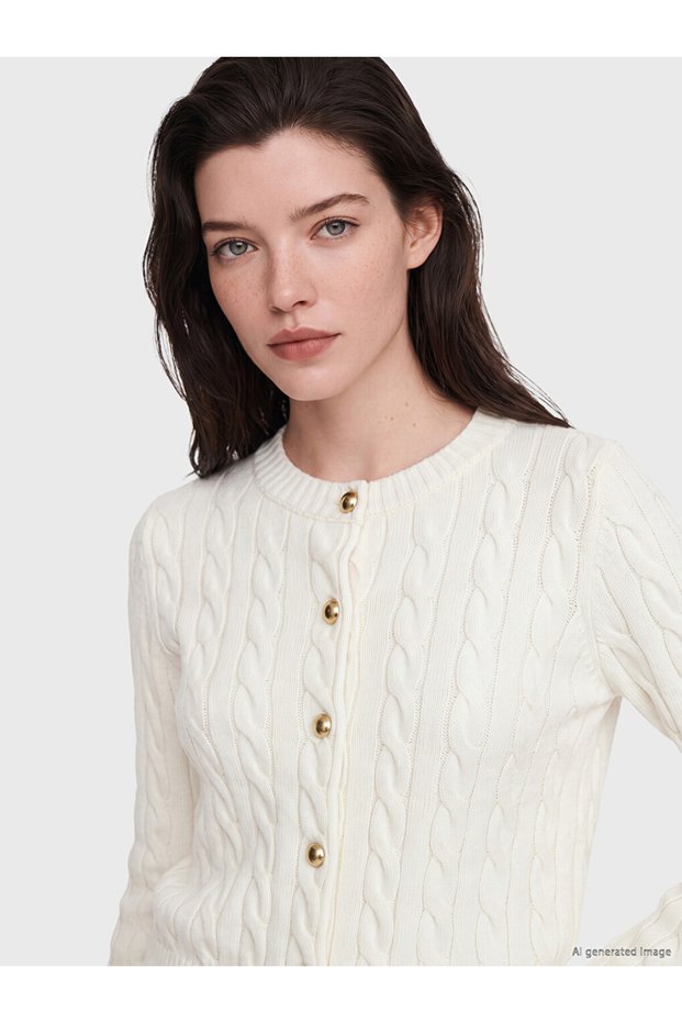 Özmarka New Season Ecru Hair Braid Patterned Women's Knitwear Cardigan