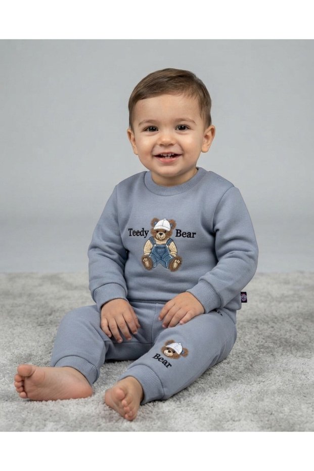 Baby Boy Winter 3 Thread Threaded Bear Bear Printed 6-9-12-18-24 Months 2-Piece Top and Bottom Set