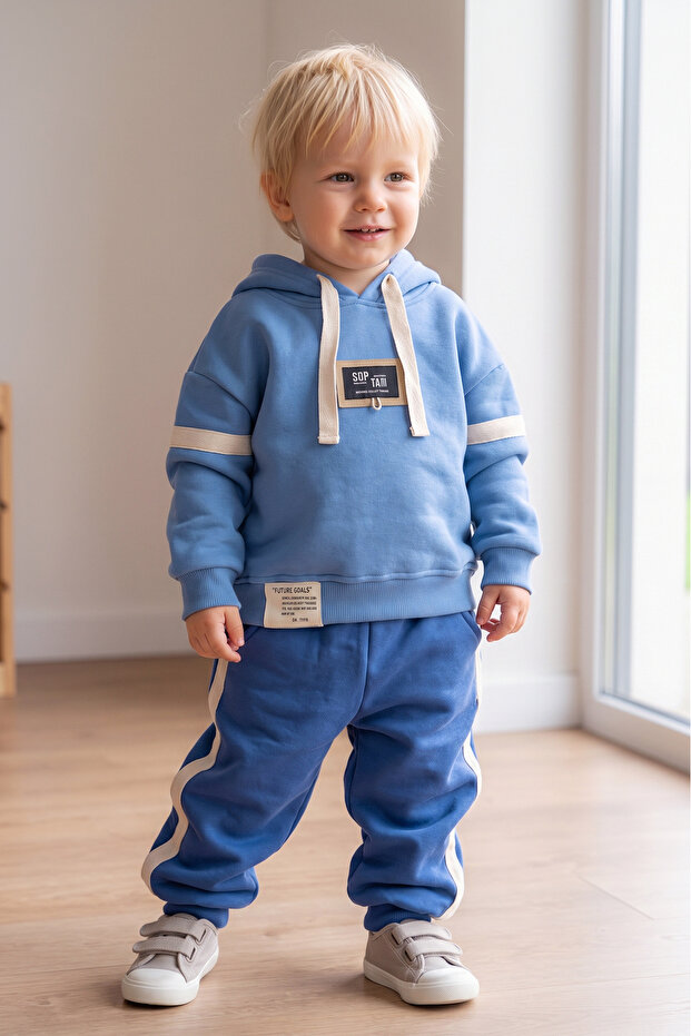 Baby Boy Hooded 3 Thread Cotton 2-Piece Top and Bottom Set