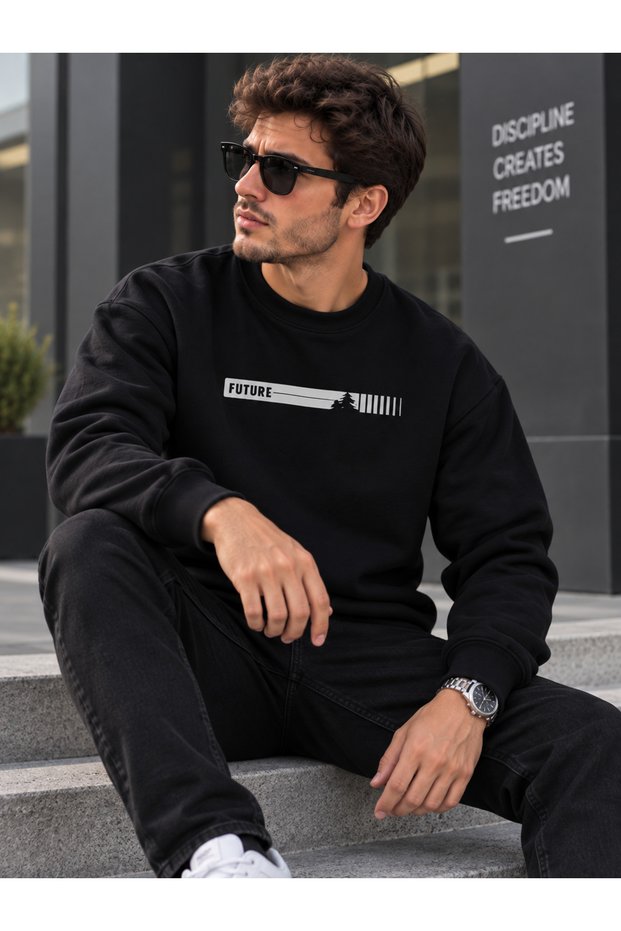 Unisex Crew Neck Minimal Patterned Sweatshirt Comfortable Fit Modern Daily Wear