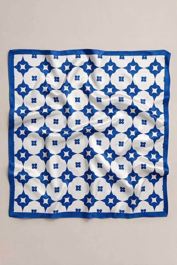 Blue White Geometric Floral Pattern Scarf Bandana 50X50 cm