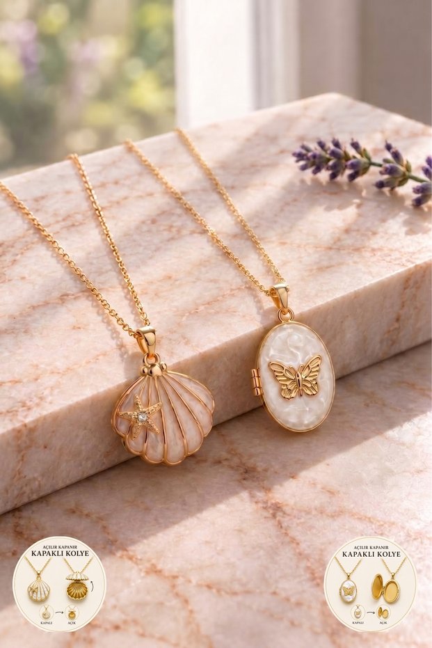 316L Steel Gold Butterfly and Oyster Figured Openable Cover Necklace 2-Piece Jewelry Set Tarnish-Free Antiallergic Women's Necklace