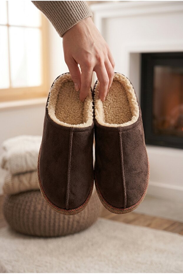 Brown Chenille / Ethnic Pattern Striped Plush Inner Lining Non-Slip Sole House Slippers