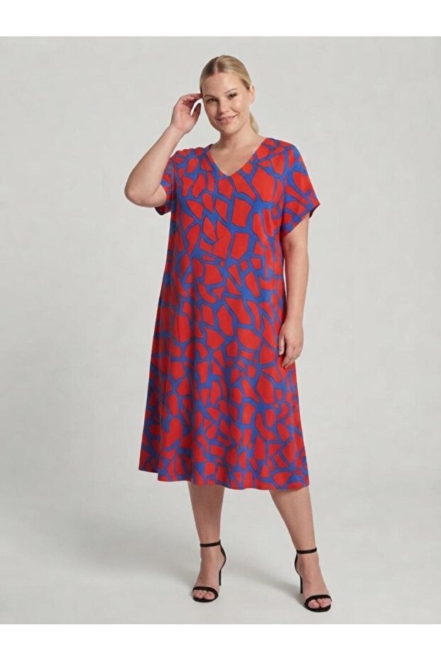 Mother Red Blue Mosaic Patterned V-Neck Short Sleeve Summer Viscose Dress Hijab Plus Size