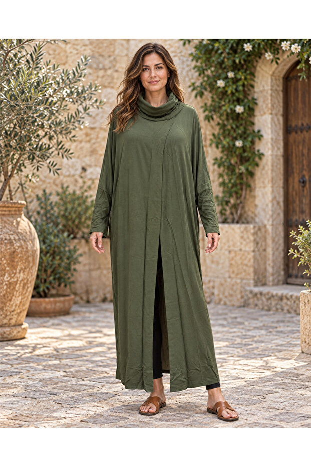 Khaki Color Degaje Collar Casual Bohemian Tunic