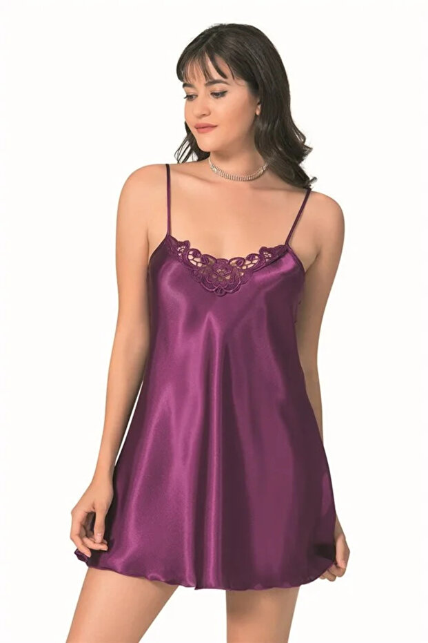 Elegant design soft touch lace embellished purple short satin nightgown