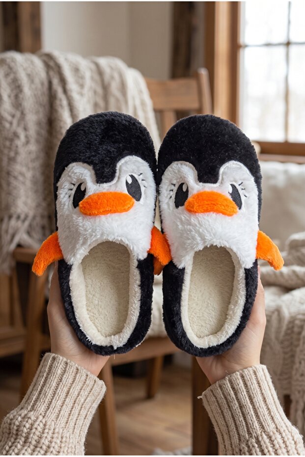Women's Black Plush Cute Penguin Figured House Slippers - Soft Sole Women's Plush Slippers