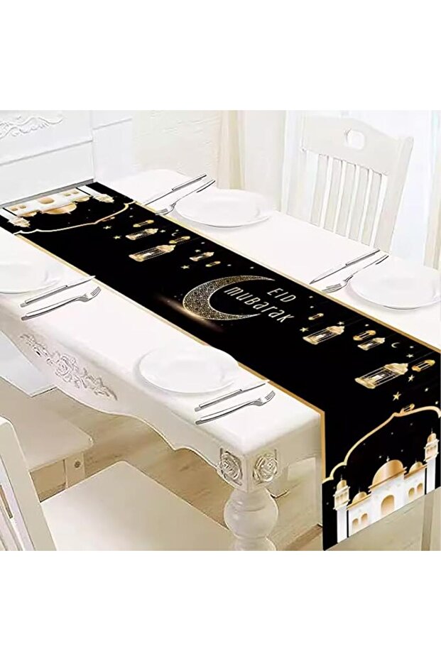 Ramadan Table Runner, Eid Mubarak Decorative Polyester Tablecloth, 35x180cm (13.78x70.87inch), White