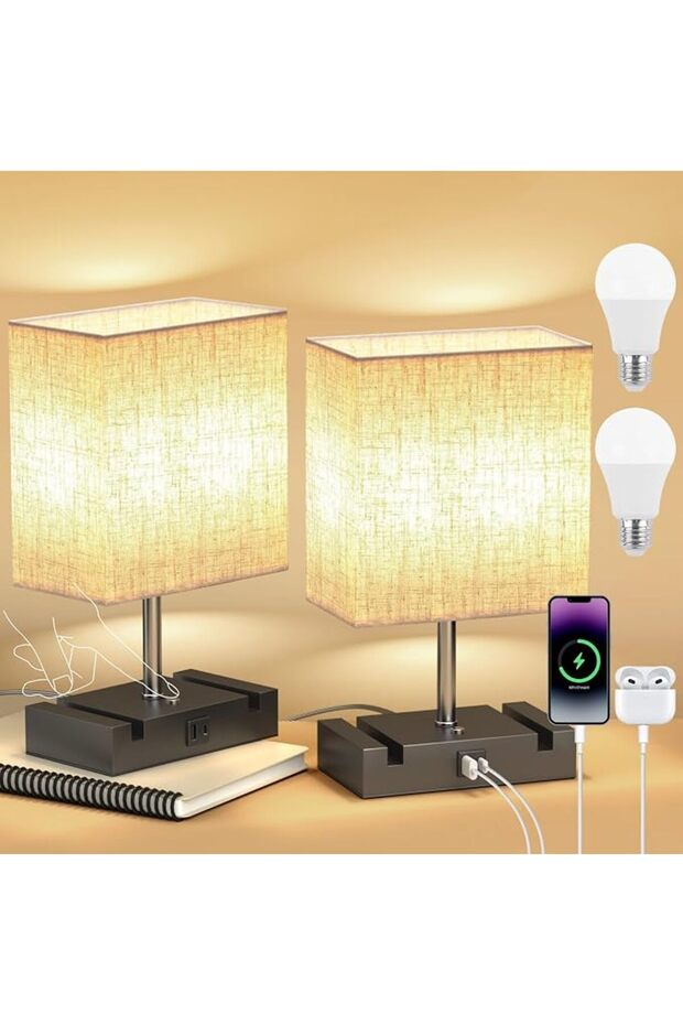 مصباح طاولة ومناسب لجانب السرير وقابل للتعتيم بـ 3 مستويات وبتحكم باللمس وبمنافذ USB (A+C) و2 حامل ج