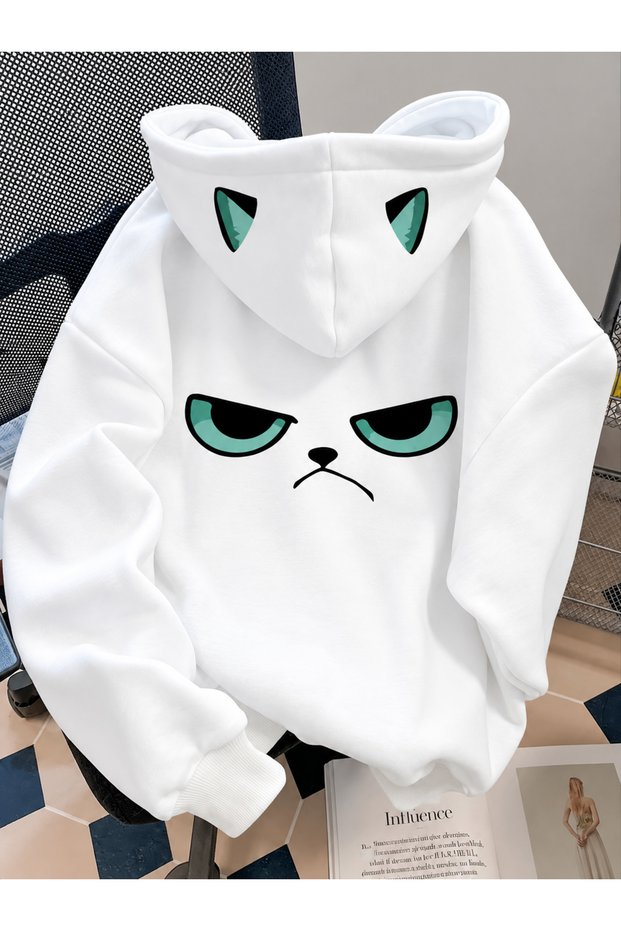 Women's Hooded Cat Patterned Oversize Sweatshirt