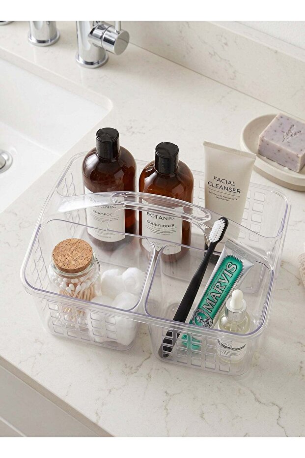 Clear Plastic Divided Storage Basket with Handle,2-Compartment Organizer Caddy for Bathroom,Kitchen