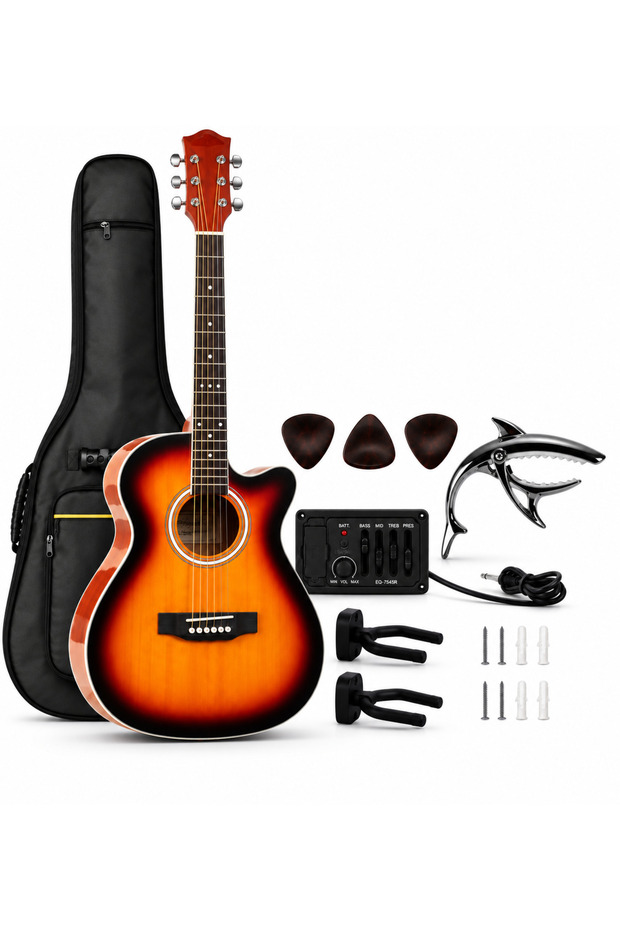 Cutaway Acoustic Guitar 6 String with Separate EQ Control System, Gig Bag, Capo, 3 Picks, Cable & Wall Hangers, Guitar Set for Beginners, Students & Home Practice