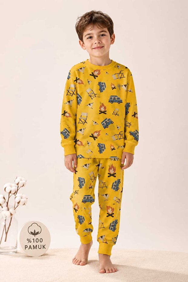 Boy's 100% Cotton Yellow Camping Pattern Pajama Set