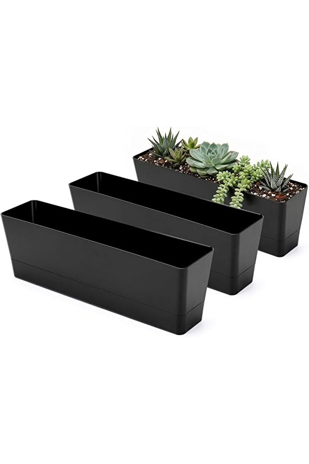GREANER Window Boxes Planters, 3PCS 16x3.8 Inch Black Rectangle Planters Box with Drainage Holes and