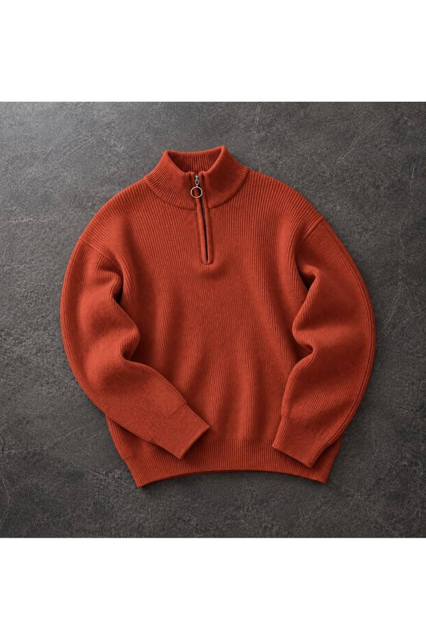 Men's Knitwear Sweater Half Zipper High Collar Ribbed Textured Long Sleeve Regular Fit Stylish Casual Classic Autumn Winter Sweater