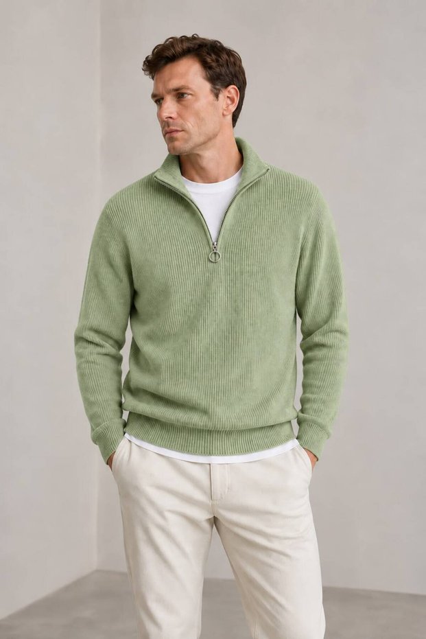Men's Half Zipper Knitwear Sweater High Collar Ribbed Textured Knit Long Sleeve Regular Fit Premium Stylish Casual Winter Men's Sweater