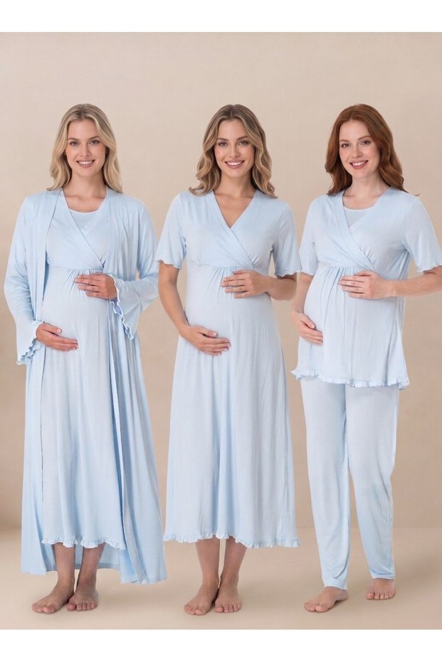 Women's Blue Double-Breasted Collar Maternity Pajama Nightgown Set with Nursing Detail and Dressing Gown