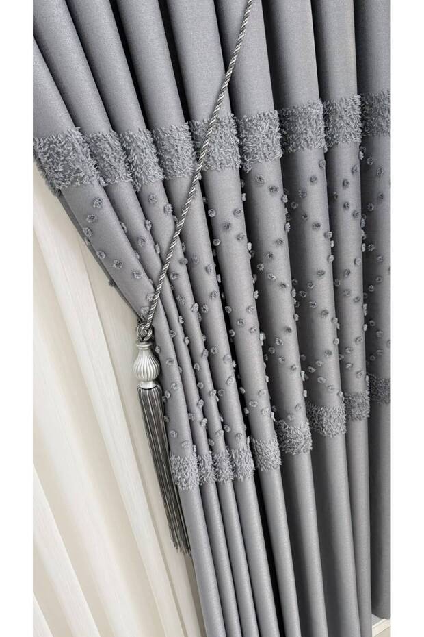 Linen Textured Pompom Gray Panel Background Curtain (Single Panel)