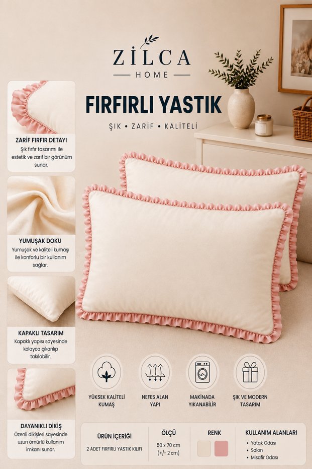 Pink Ruffle Pillowcase Set of 2 50X70 cm – with Cover, Without Zipper, Cream