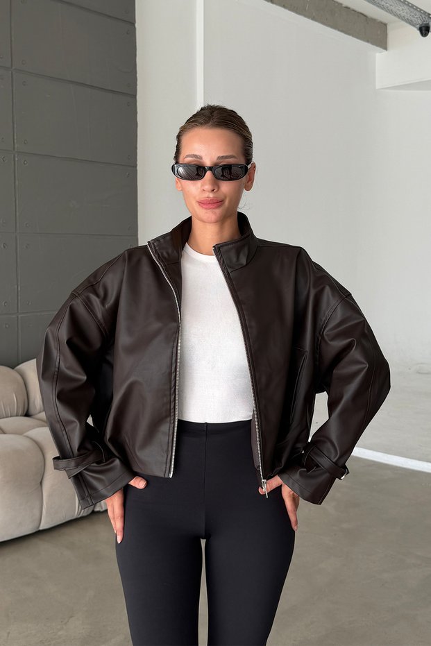 Zr Model Bitter Brown Stand Collar Comfortable Fit Women's Leather Jacket Coat