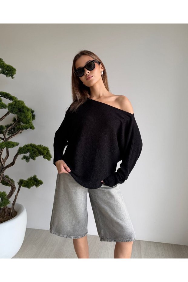 Boat Neck Batwing Sleeve Loose Fit Textured Knitwear Sweater Aw26Kz00068