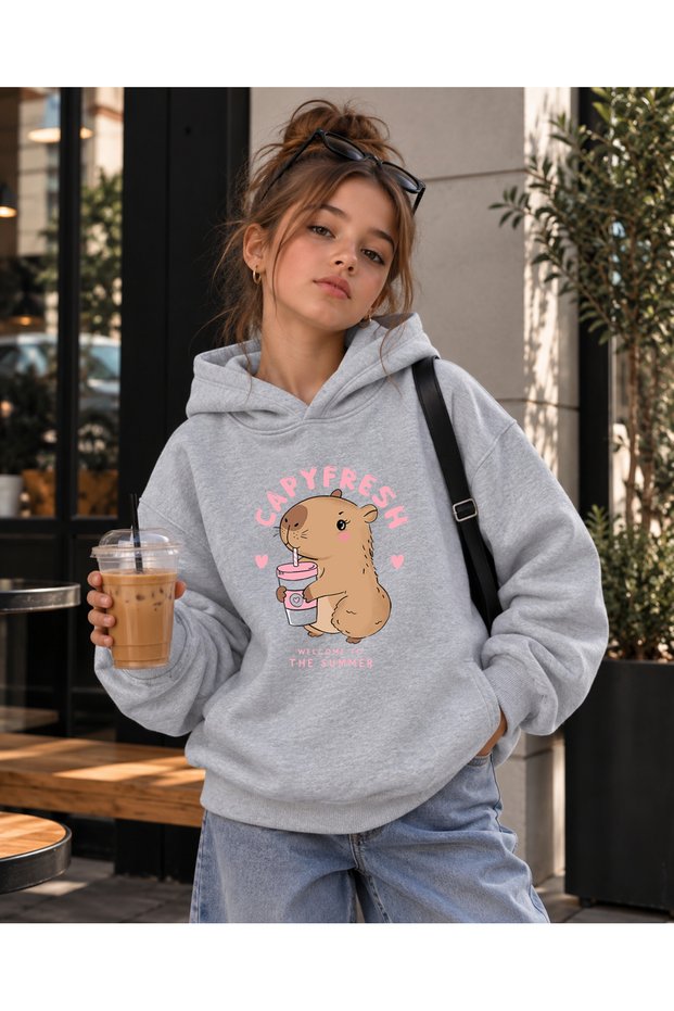 Girl's Hooded Sweatshirt 3 Thread Threaded Winter Printed Hoodie