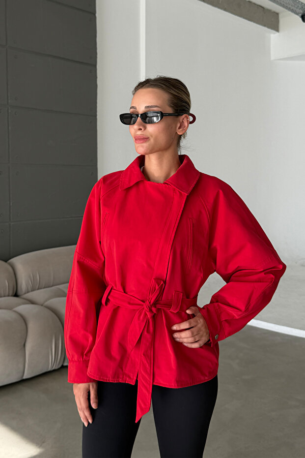 Zr Model Red Gabardine Fabric Belted Premium Women's Trench Coat