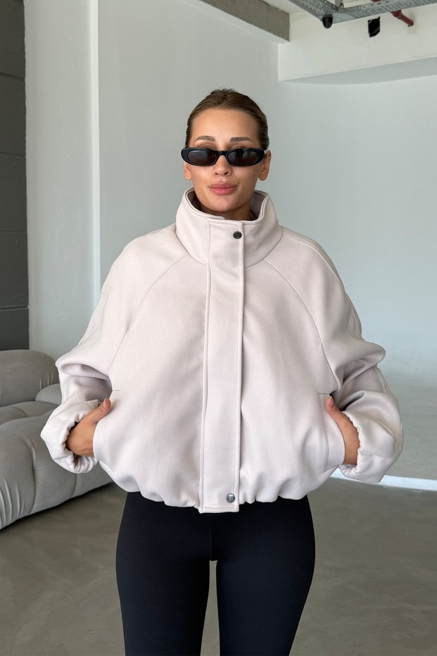 Ecru Balloon Sleeve Oversize Imported Fabric Stand Collar Pleated Anti-Pilling Cashmere Coat