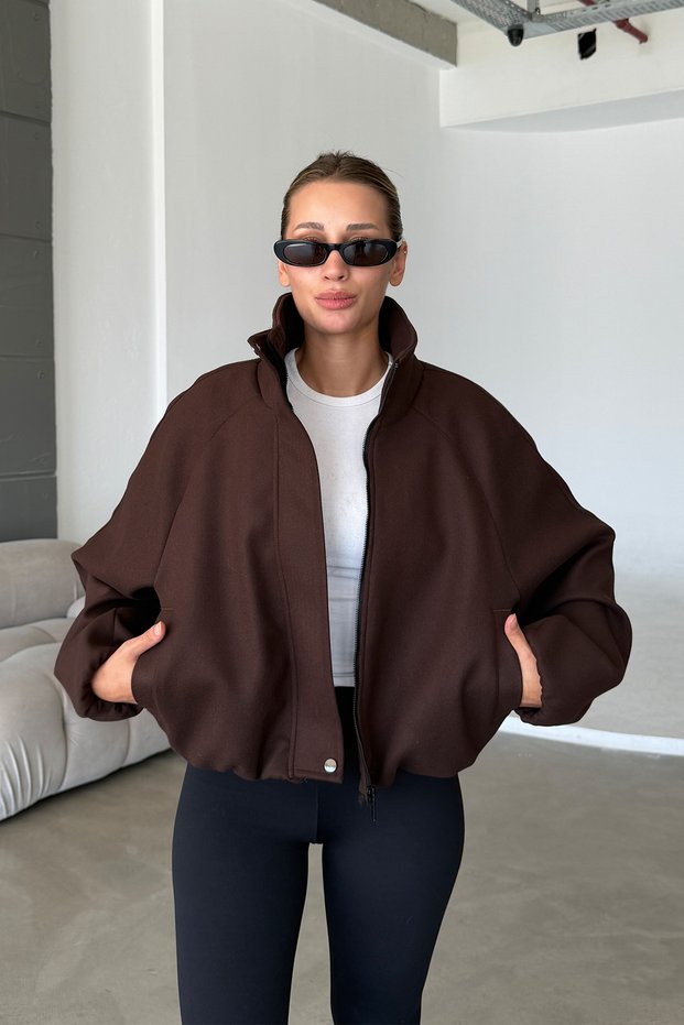 Bitter Brown Balloon Sleeve Oversize Imported Fabric High Collar Pleated Anti-Pilling Cashmere Coat