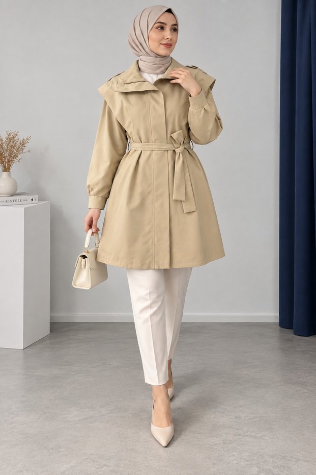 Modern Trench Coat with Hijab, Seasonal, Shoulder Detail, Belted