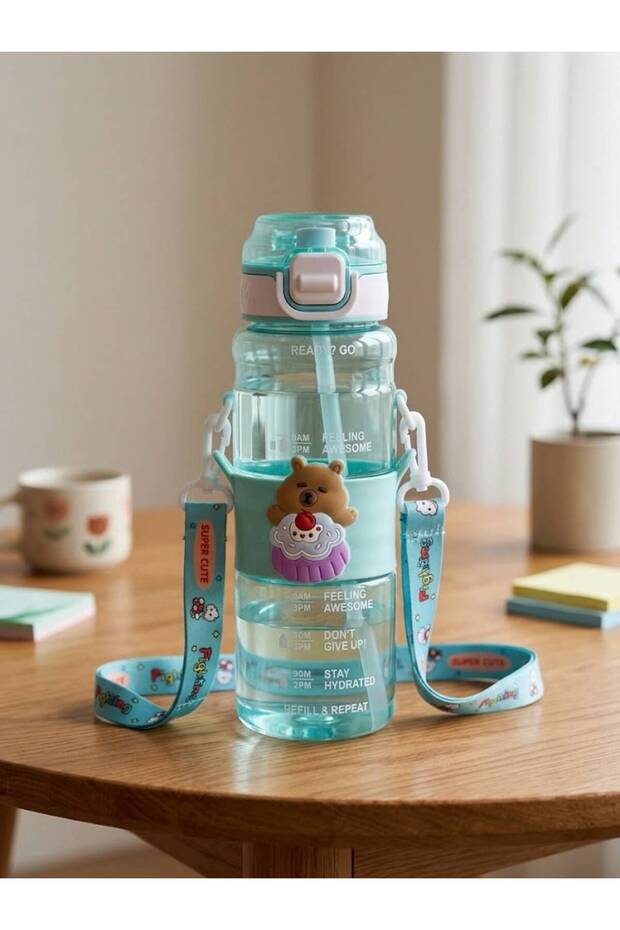 Cute Figured Strap Water Bottle with Straw School & Sports Water Bottle Bpa Free Leak-Proof Motivational Drink Bottle with Lock Lid