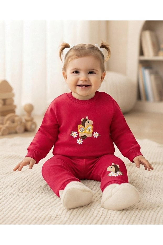 Baby Girl Winter 3 Thread Threaded Daisy and Horse Embroidered 6-9-12-18-24 Months 2-Piece Top and Bottom Set