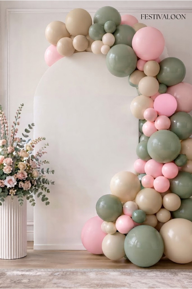 Set of 20 Eucalyptus Green Pink Sea Sand Beige Balloons for Birthday Party Decoration and Stylish Organization Decoration