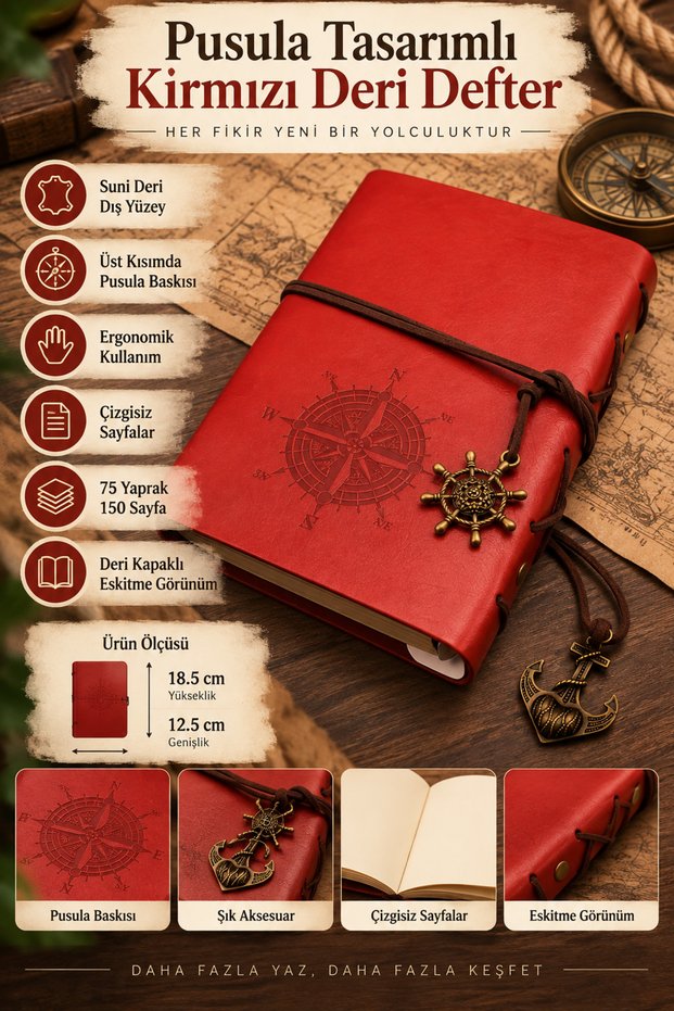 Compass Design Leather Notebook – 150 Unlined Pages, Vintage Look Faux Leather Cover, Sailor Accessory Notepad and Journal 18.5 X 12.5 cm
