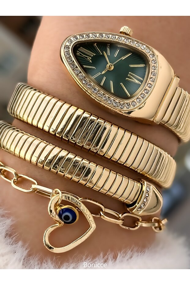 Green Dial, Yellow Stone Snake Model Women's Wristwatch Bracelet in Special Gift Box