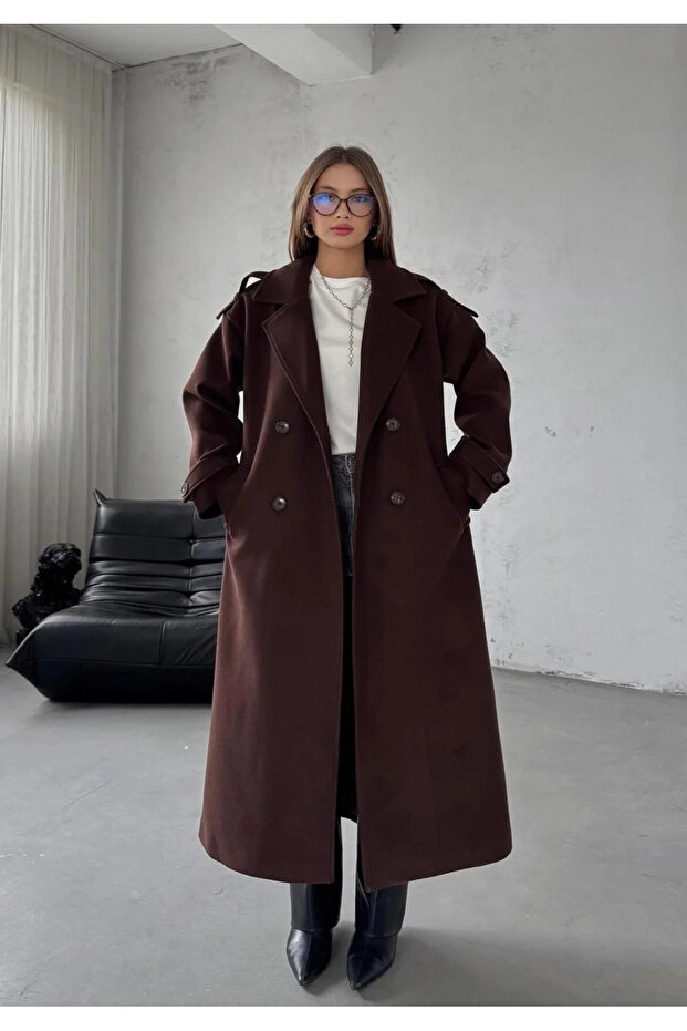 Buttoned Belted Lined Long Cashmere Coat