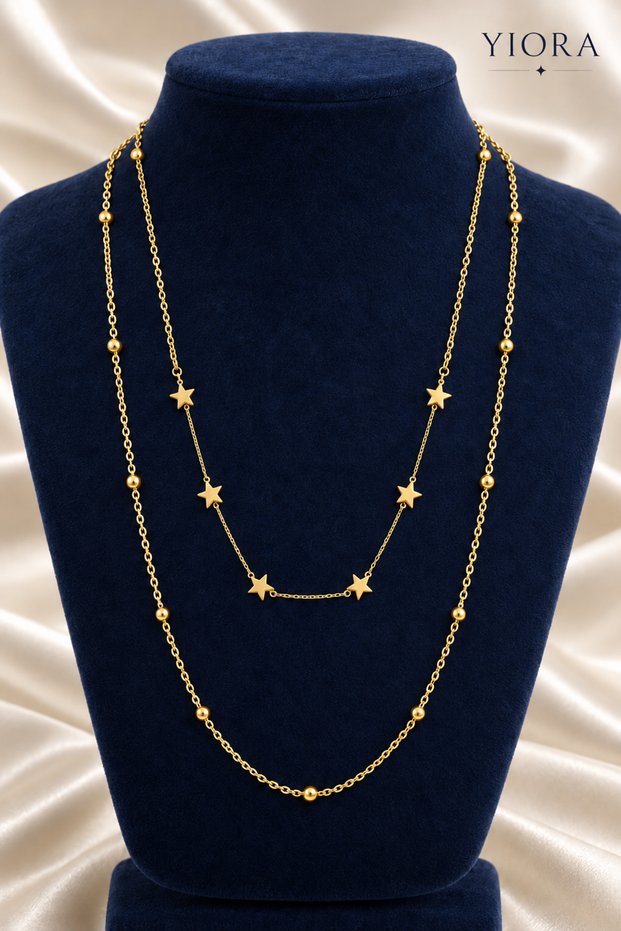 Women's Stainless Steel Star Ball Detailed Two Layered Multiple Look Long Necklace