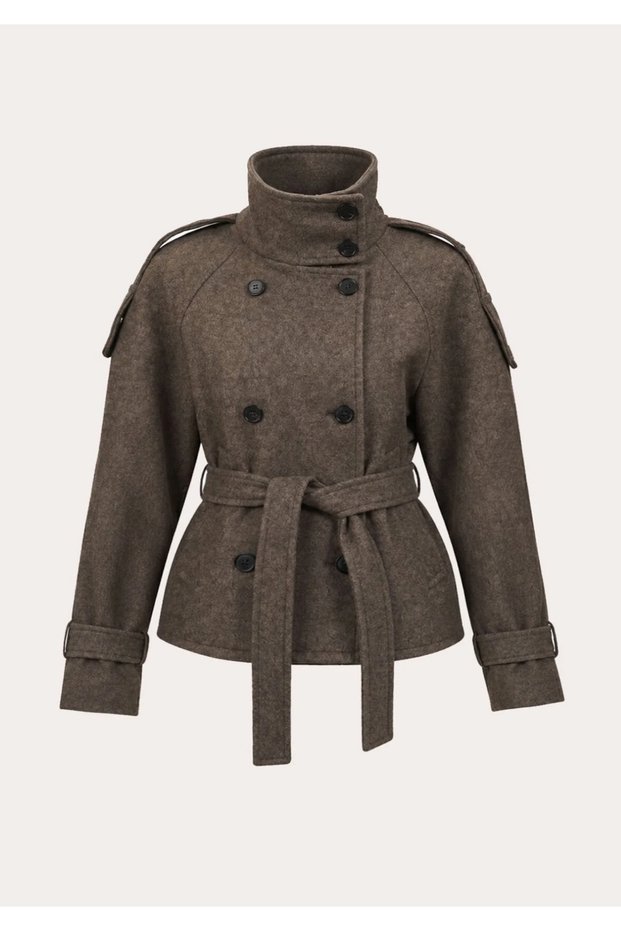 Kaşe Stand Collar Belted Buttoned Jacket