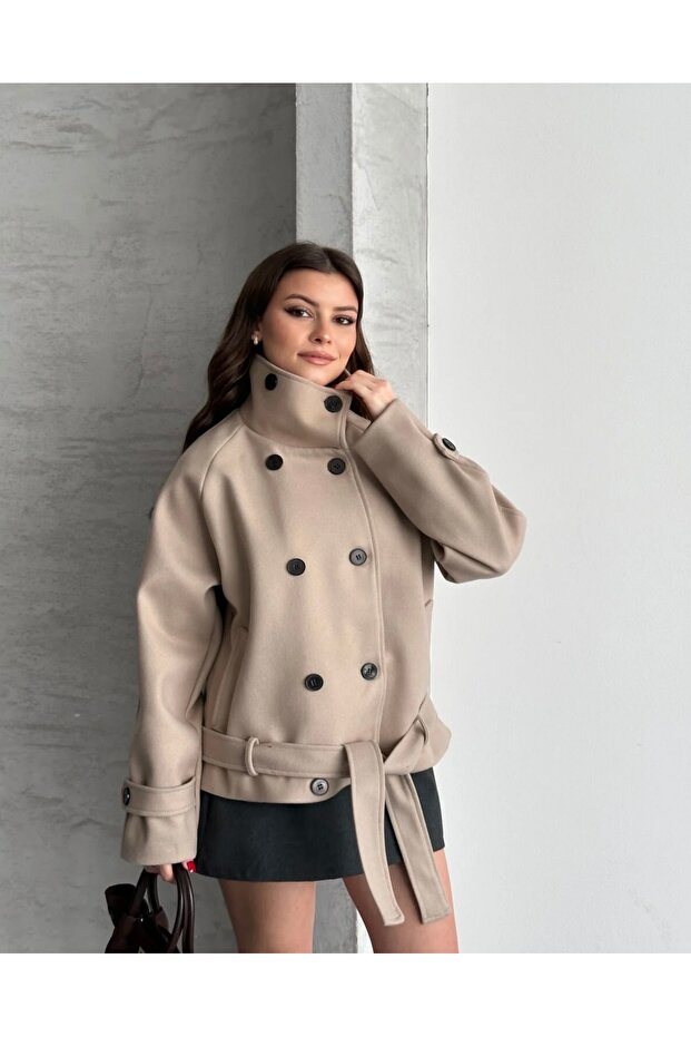 High Collar Buttoned Belted Cashmere Jacket