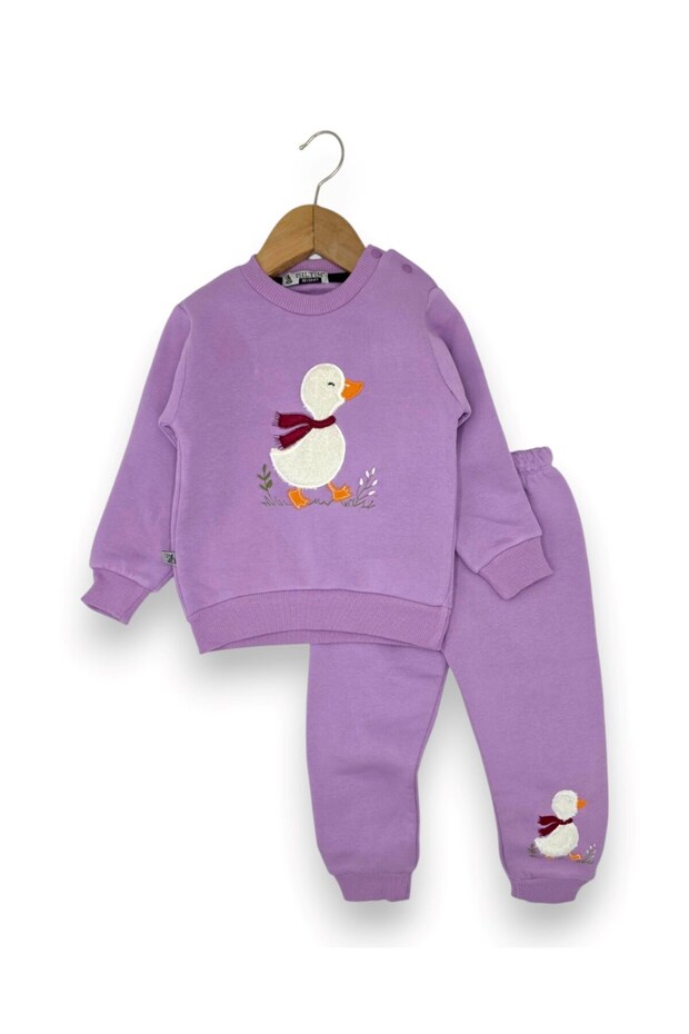 Baby Girl Winter 3 Thread Threaded Duck Embroidery Set 6-9-12-18-24 Months 2-Piece Top and Bottom Set