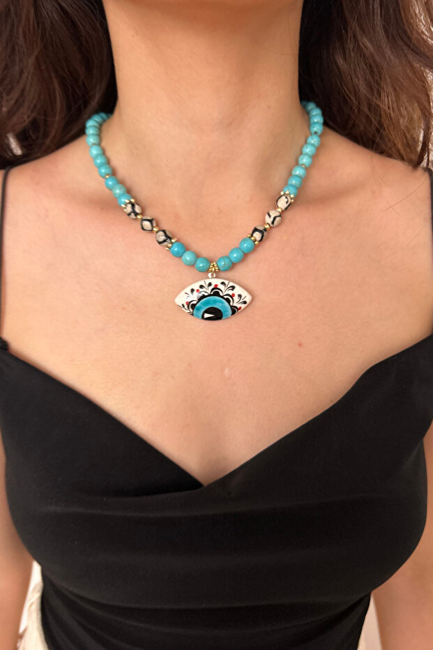 Handmade Ceramic Evil Eye Pendant with Turquoise and Agate Natural Stone Special Design Women's Necklace