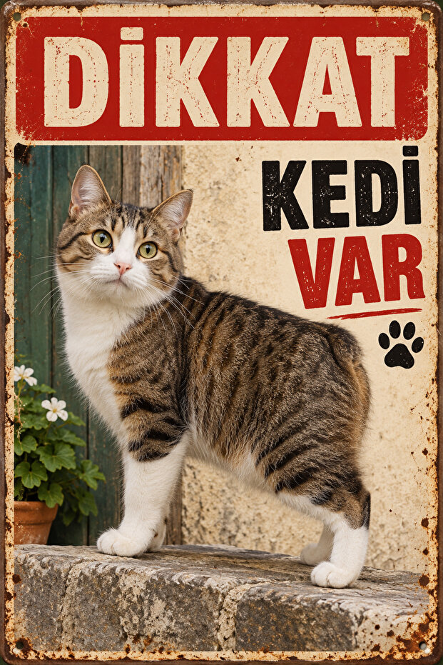 Manx Cat Caution Cat Is Present Retro Metal Wall Sign Decorative Plate 30X40Cm