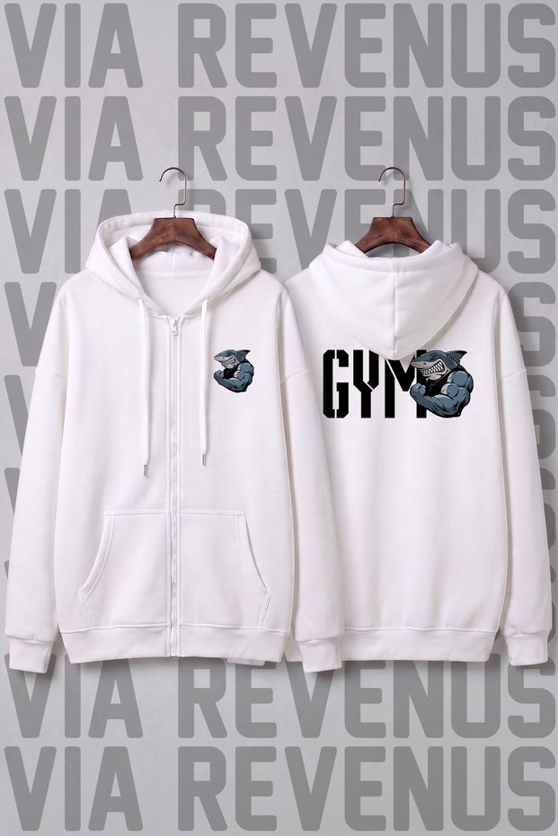 Gym Muscle Shark Printed Unisex Zippered Hooded Sweatshirt Cardigan