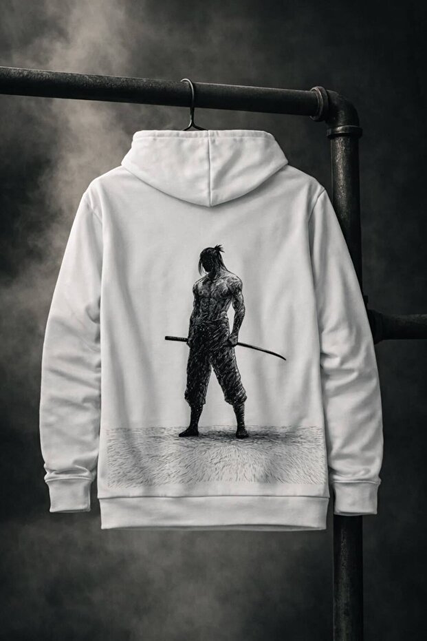White Unisex Oversize 3 Thread Threaded Printed Hooded Sweatshirt with Kangaroo Pocket