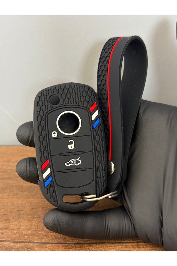 Fiat Egea - Doblo 2024 - 2025 Compatible Flip 3-Button Honeycomb Pattern Key Remote Control Protection Case Black Color + Keychain in the Same Pattern