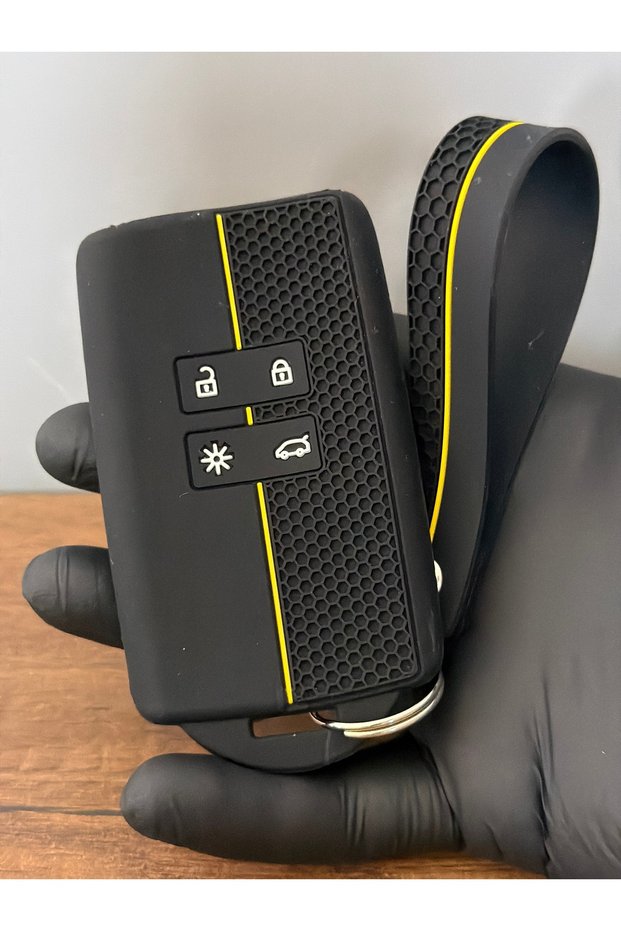 Renault Talisman Megane4 Dacia Duster Compatible 4-Button Honeycomb Patterned Key Remote Control Protection Case Black Yellow + Keychain in the Same Pattern