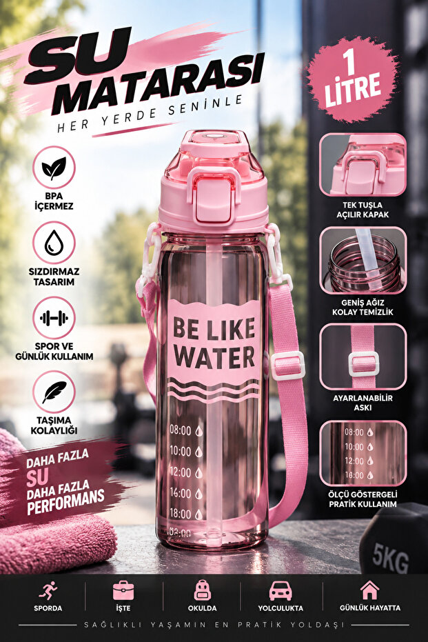 Sports Water Bottle 1 Liter Large Size Water Bottle with Strap, Leak-Proof Lid and Measurement Indicator