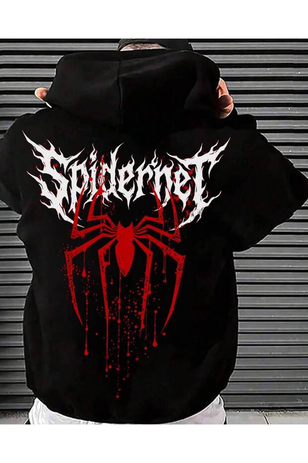 Black Unisex Oversize 3 Thread Raster Printed Hooded Sweatshirt with Kangaroo Pocket